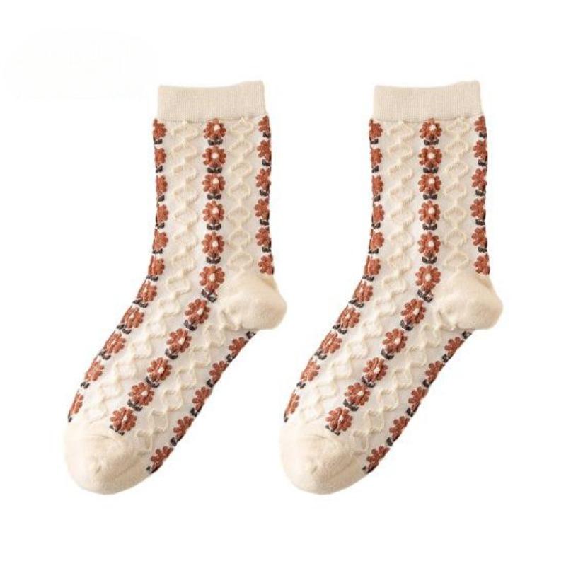 5 Pairs  Autumn and Winter Women Applique Flower Vintage Mid-tube Warm Socks Thick Anti-slip Soft High Elasticity Sock