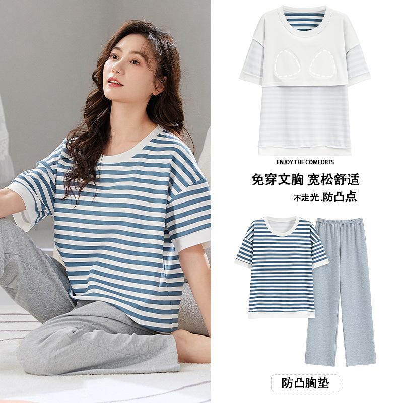 2025 Pajamas Women With Chest Pads, Short Sleeves, Trousers, Thin Two-Piece Set, Casual Korean Version Loose Set
