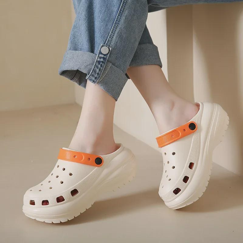 Dames Zomer Antislip Dikke Zool Halve Pantoffels: Baotou Hole Strandsandalen voor Hoogteverhoging