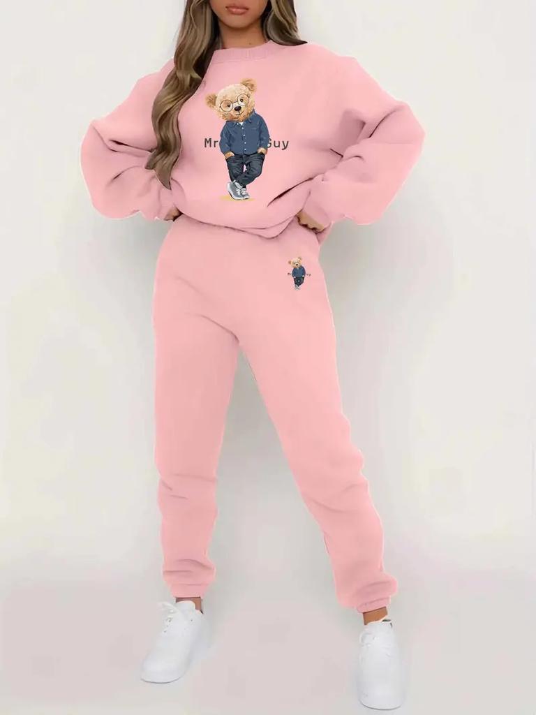 Versatile Cartoon Bear 3D Printing Two-Piece Set Long-Sleeved Sweater Trousers Casual Loose Sweater Set