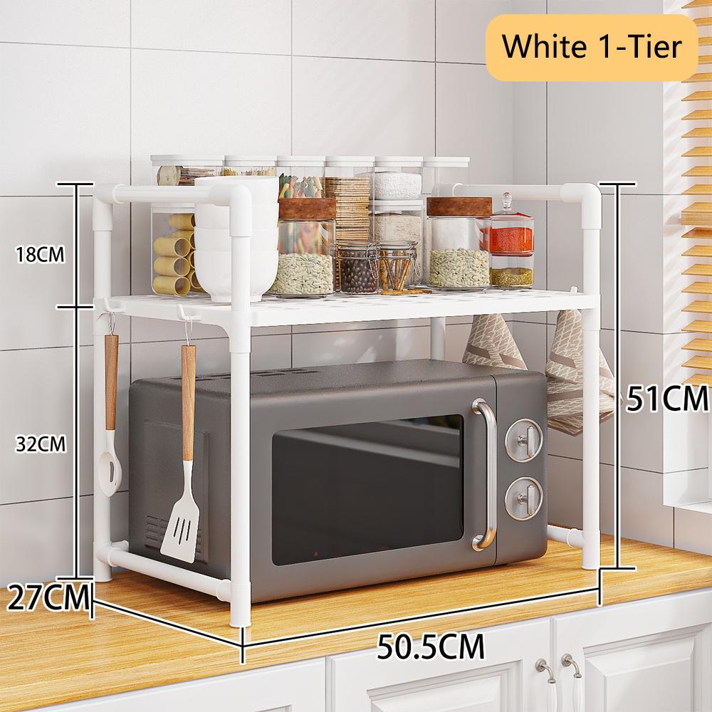 Extra Wide Microwave Stand - 2-Tier Heavy-Duty Kitchen Shelf for Oven Toaster & Spice Racks with Handrail Hooks Non-Slip