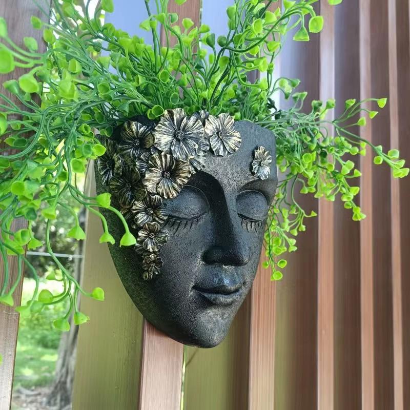 Jardinieră de Perete cu Față Umană pentru Grădină, Terasă Exterioară, Peisaj cu Plante Suculente negru