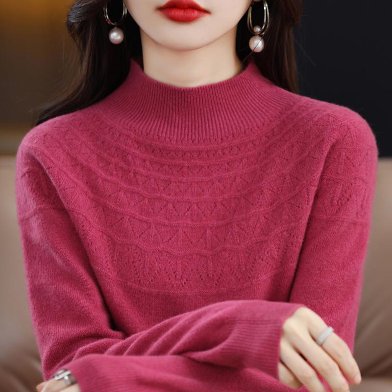 Seamless Pure Wool Women's Half-High Neck Hollow Pullover Sweater - Warm, Slim-Fitting Base Layer Knitwear