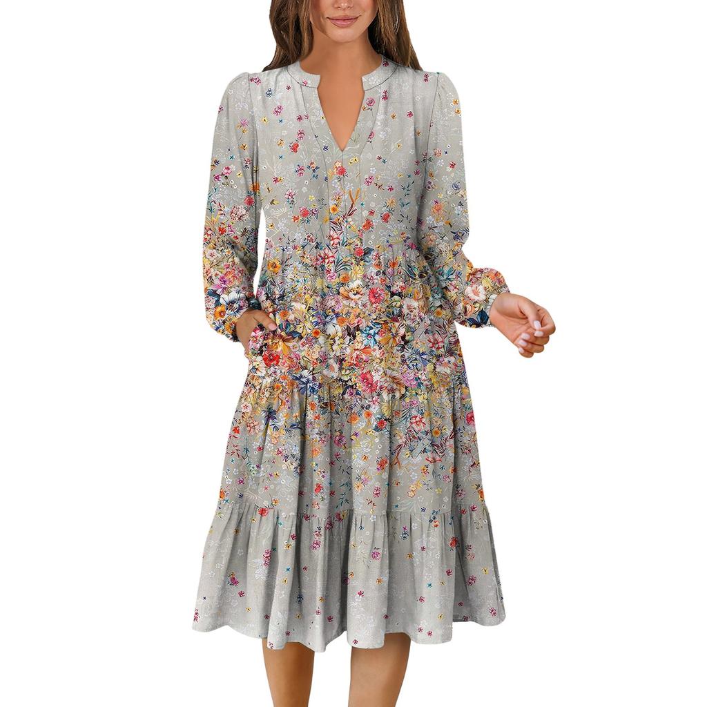 Women's V-Neck Flowing Layered Bohemian Long Sleeve Floral Print Dress
