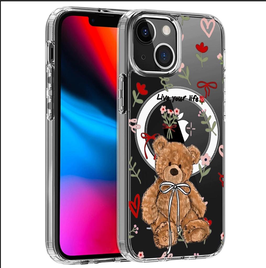 Floral Bear Magnetic Full Coverage Transparent Case for Apple iPhone 14-17 Pro Max