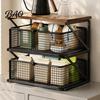 Coffee Station Organizer with Drawer, Tiered Bar Organizer, Wooden Top Shelf, Accessories Wire Mesh Drawers for Tea Bags, Capsules, Office Desk,