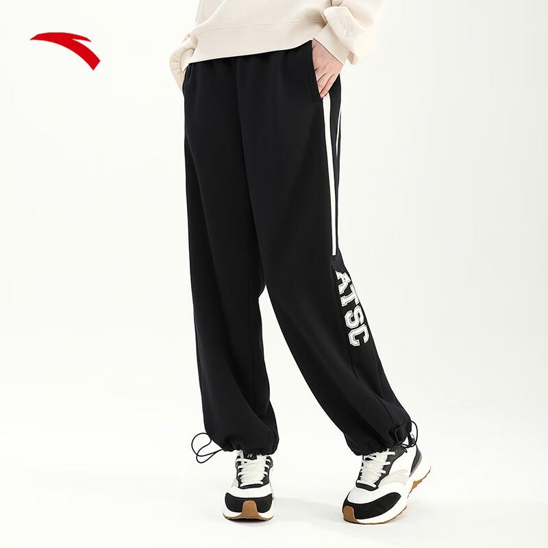 Anta Striped Letter Mid-Rise Fleece Straight Casual Pants Women Bottoms Basic-Black 162348305-2