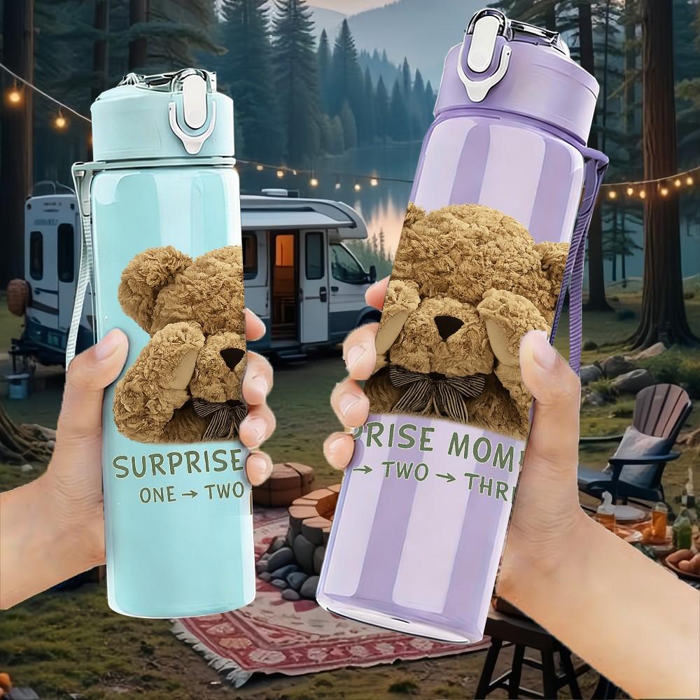 1PC Sleepy Teddy Bear Soft Toy Print 750ml Color Plastic Sports Water Bottle Leakproof Flip Straw Lid Suitable for Sports Office Home Use