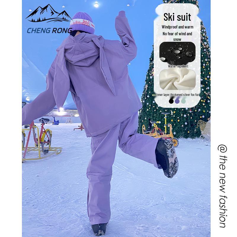 

Winter Windproof Waterproof Ski Set: Thickened Fleece with Rabbit Ears & Silver Fox Design for Couples L