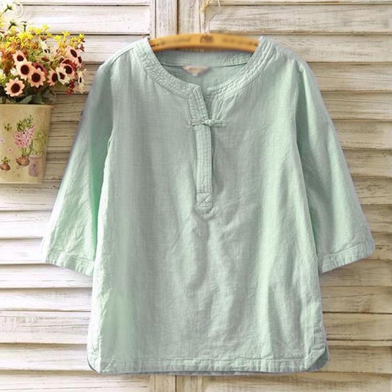 Elegant Women Vintage Cotton Linen Blouse With Flax Loose 3/4 Sleeve Tunic