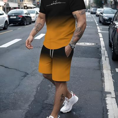 2-piece Men's Alphabet Print Gradient Summer Co Ord Set, Men's Short Sleeve Crew Neck T-shirt & Drawstring Shorts With Pockets