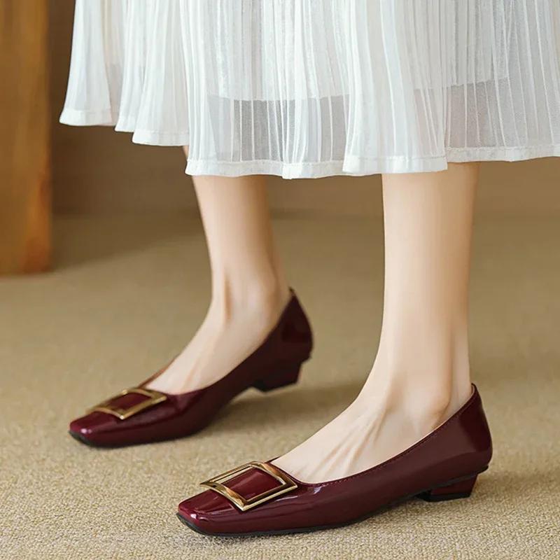 2024 New Women 2cm Low Heels Wedding Shoes Female Fashion Metal Square Buckle Shoes Lady Patent Leather Barefoot Goddess Pumps