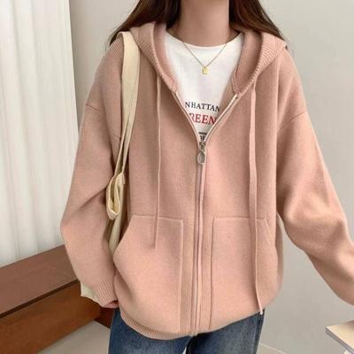 Outono e inverno novo cardigã de malha feminino solto de cor sólida com capuz casual macio ceroso bolso canguru jaqueta suéter com zíper
