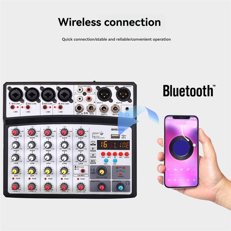 

6 Channel Audio Mixer Portable Mixing Console USB Interface Sound Card With 99-DSP 48V Phantom Power