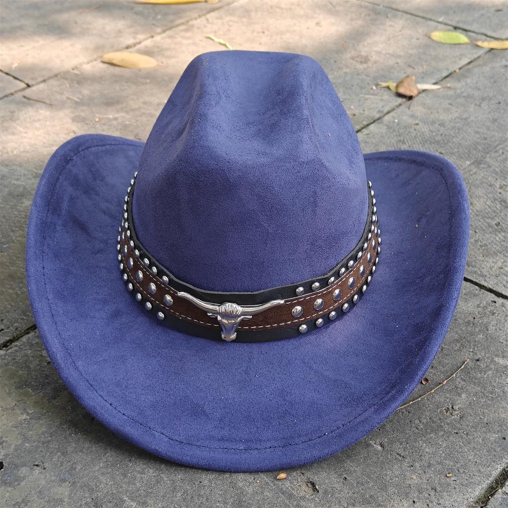 Retro Suede Leather Western Cowboy Fedora Hat For Men Women Bull Head Accessories Fashion Travel Party Hat Denim Hat Sombrero