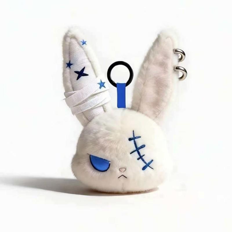Gothic Bunny Plush Keychain Charm with Bandage Kawaii Key Ring Pendant Car Bag Ornament Halloween Gift Prank Toys