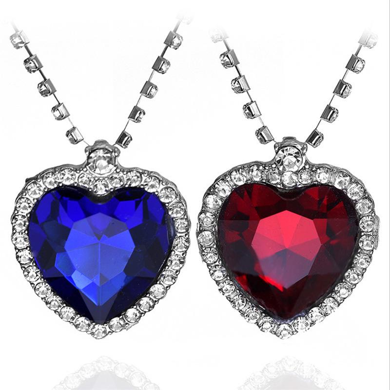 Titanic Ocean Heart Pendant Necklace with Red and Blue Gemstones
