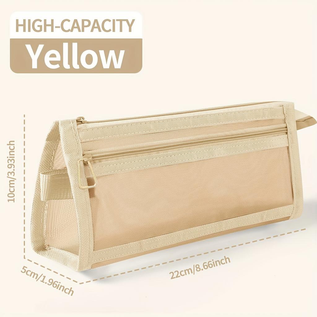 1pc Desk Storage Morandi Grid Mesh Pencil Case with Handle and Zipper Clear Double-layer Pencil Pouch Marker Pouch, Travel Bag