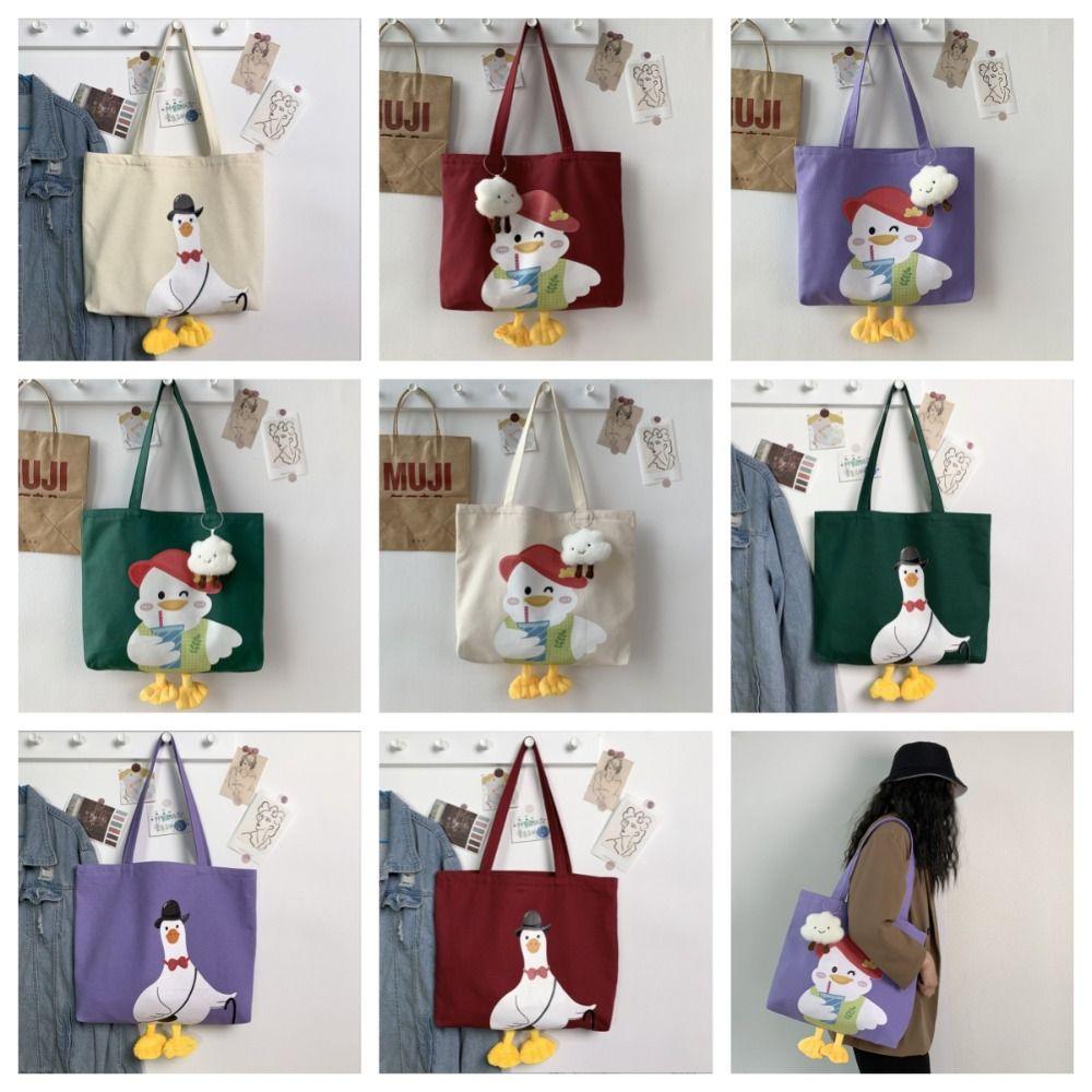 

Холщовая сумка с принтом утки и стежком большой емкости, повседневная сумка с героями мультфильмов для покупок