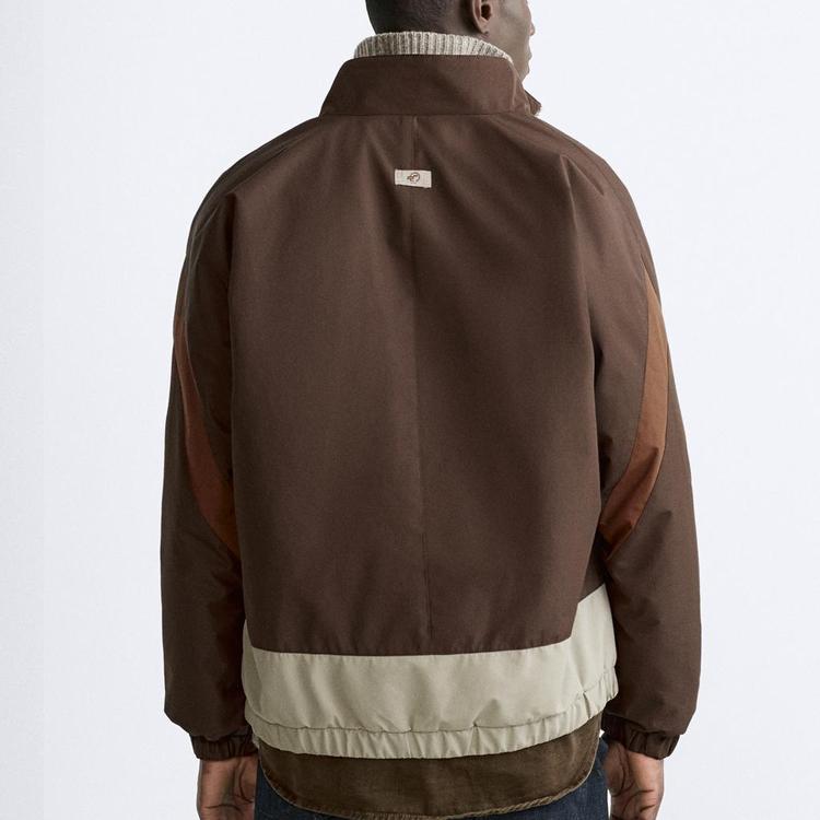 ZARA Color Block Stand Collar Zipper Thick Long Sleeve Jacket Men jackets Brown 8281365-472
