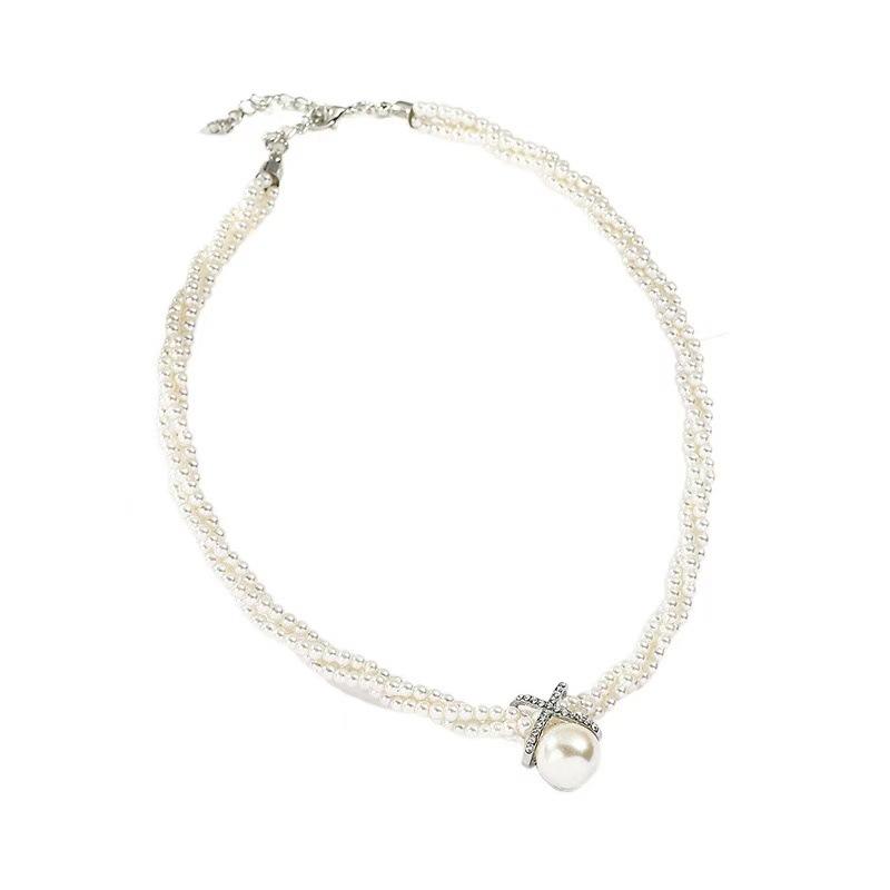 Women's Multi-layer Fried Dough Twists Collar Bone Winding Pearl Cross Short Necklace