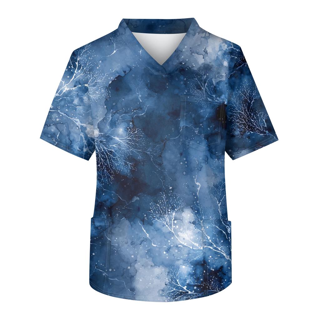 Men's Printing Short Sleeve V,neck Working Blouse Chest Pocket Carer Top