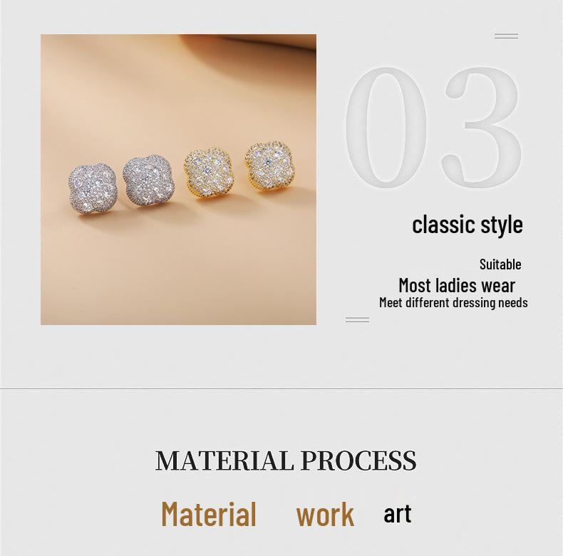 European & American Hot-Selling Copper Alloy Four-Leaf Clover Women's Stud Earrings with Zircon Inlay - Hip Hop Style