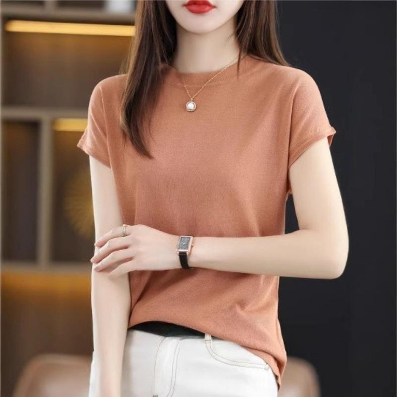 

Half High Neck Short Sleeved T-shirt for Women Summer Short Top for Sleeveless Knitted Vest S какао