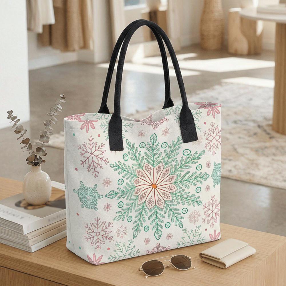  Boho Snowflake Print Canvas Tote Bag Casual Large Capacity Daily Shoulder Handbag 