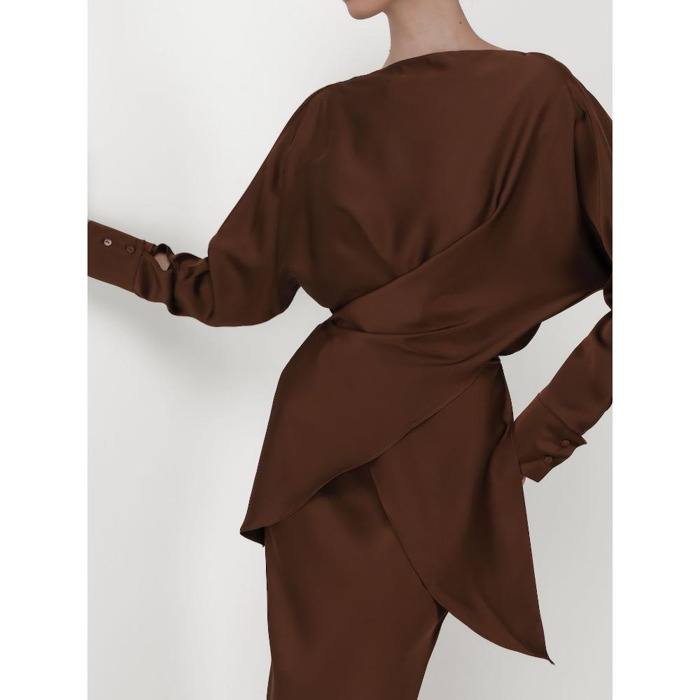 Women's Loose Skirt Suit Long Sleeve Blouse Elastic Waist Mermaid Skirt Satin Solid Elegant Two Piece Party Matching Set
