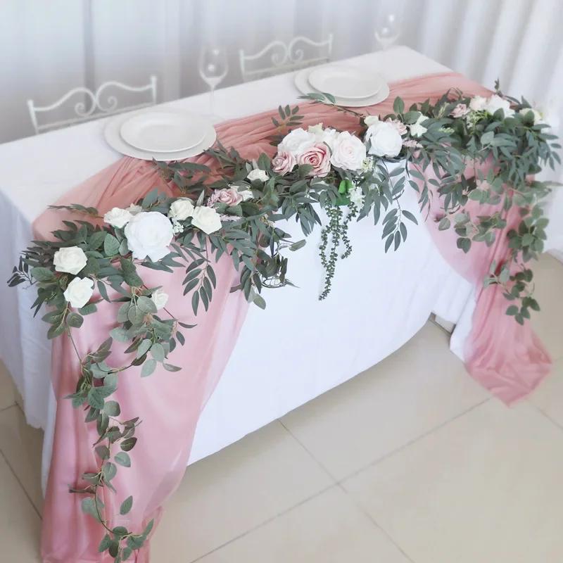 2.7M Artificial Wedding Eucalyptus Garland Runner with Rose Flowers Rustic Floral Table Centerpieces Boho Wed Decoration