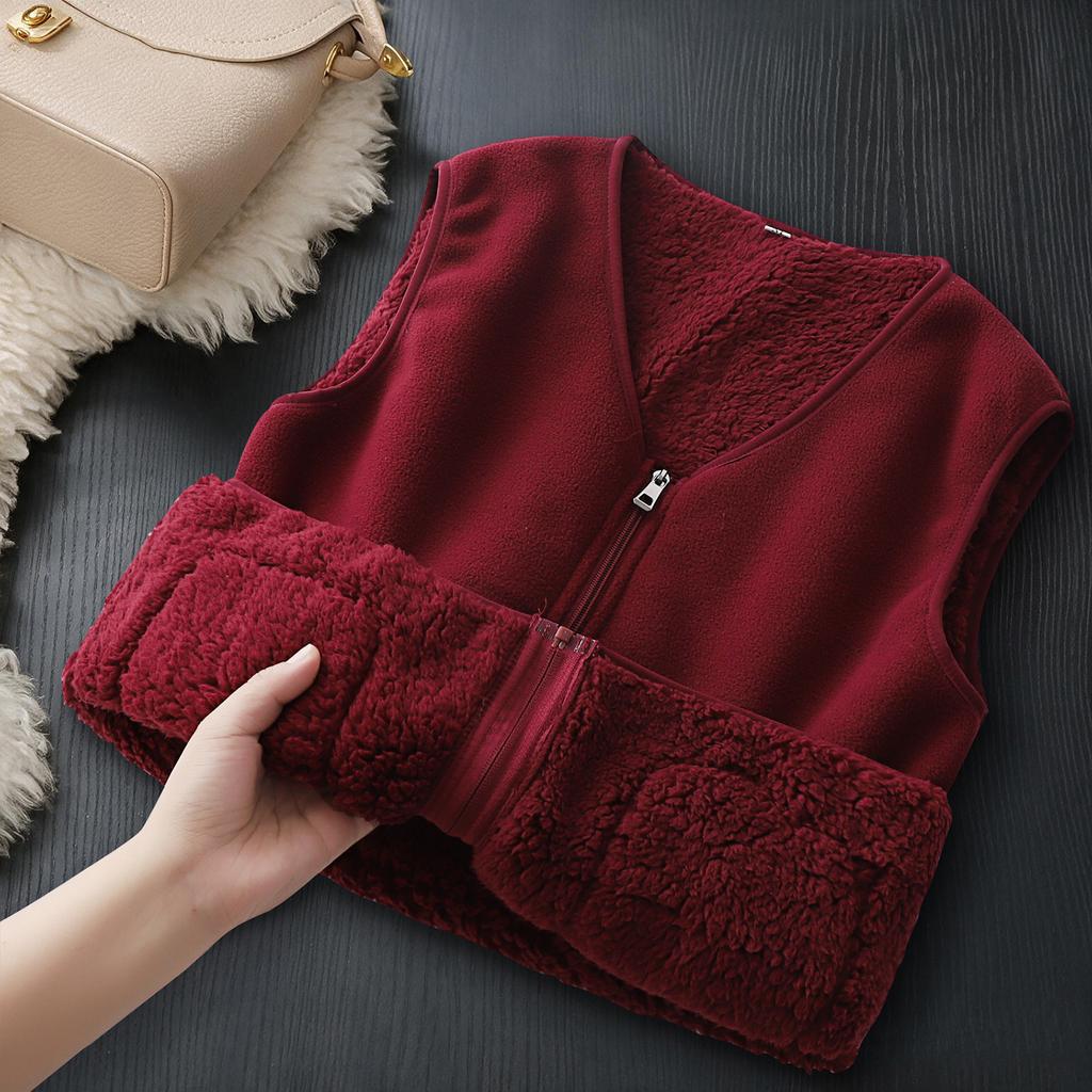 Pink lamb wool vest women's autumn and winter thickened warm outer wear fleece vest V-neck zipper vest jacket
