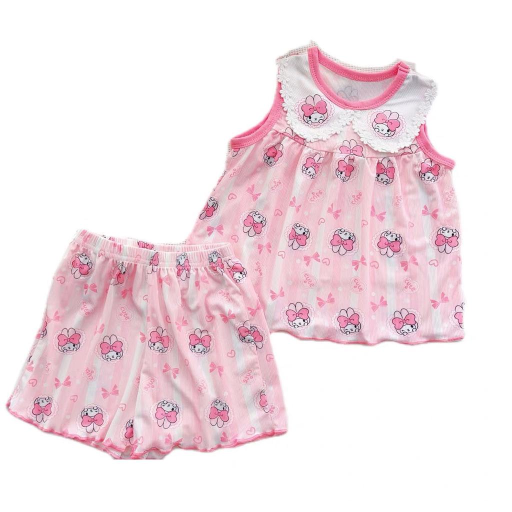 Girls Summer Ice Silk Sleeveless Vest and Shorts Set with Cute Peter Pan Collar