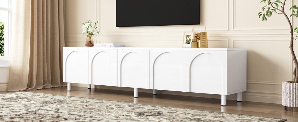 Lowboard TV Table Living Room, TV Cabinet with 5 Doors, Metal Feet, Made of PB and MDF, Modern Storage TV Board