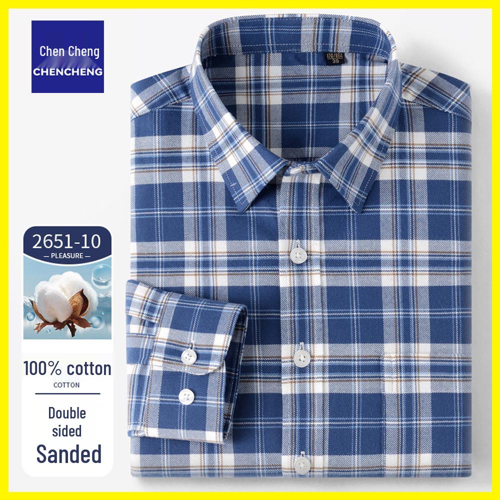 Men's Long Sleeve Brushed Plaid Cotton Shirt - Casual Thickened Shirt for Middle-Aged Dads