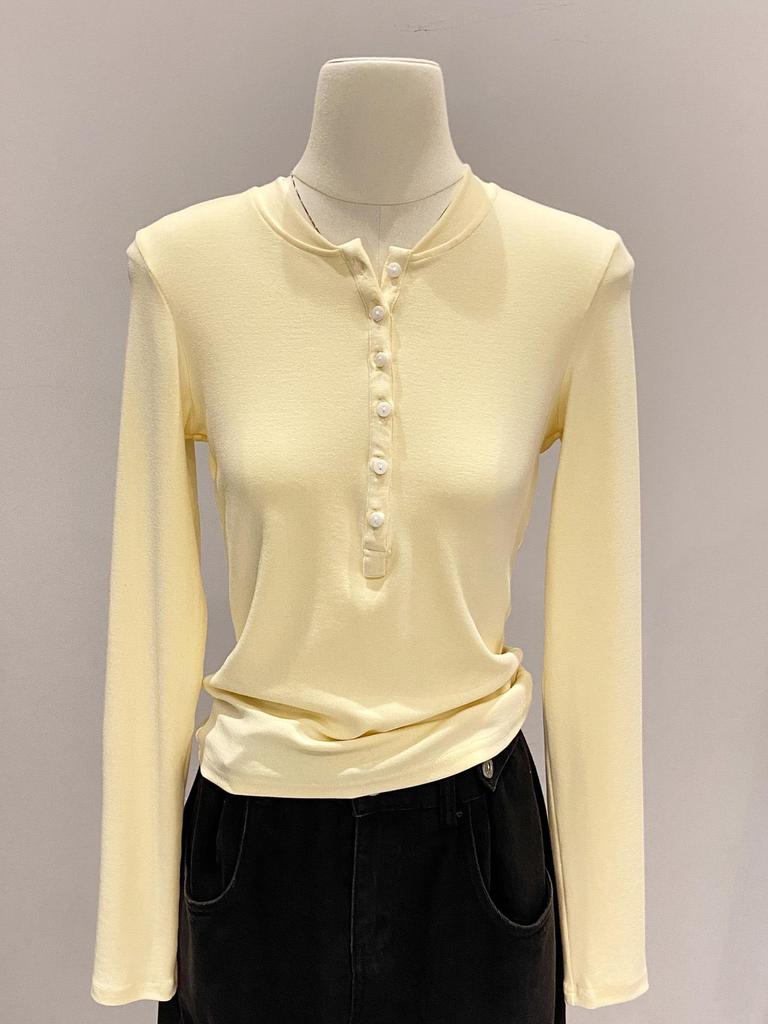 Women's Slim Fit Long Sleeve Henley Collar Mousse Cashmere Top for Spring/Autumn