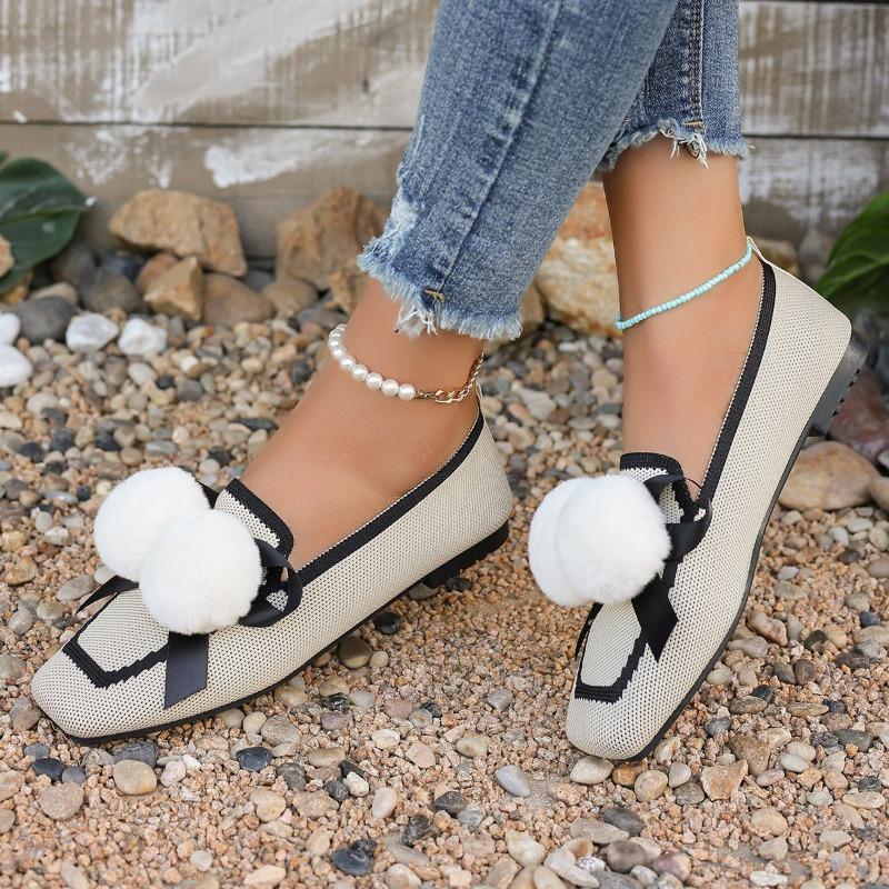 Autumn New Flat Shoes Women's Square Head Shallow Mouth Mesh Cloth Breathable Butterfly Knot Soft Sole Non-slip Single Shoes