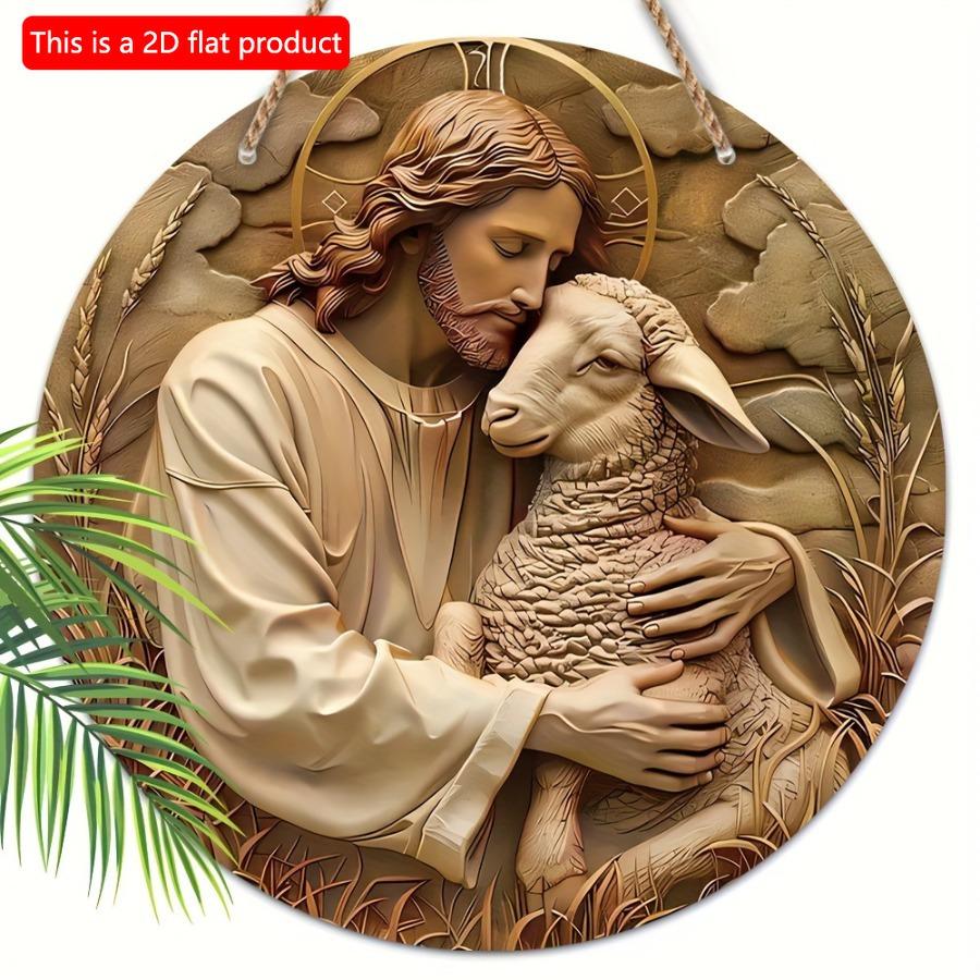 1ks 2D Plochý Kulatý Dřevěný Znamení Věnec Ježíš a Ovce - 20cm Klasická Nástěnná Dekorace, Slavnostní Vánoční Dárek, Víceúčelová Domácí a Pokojová Dekorace, Ne