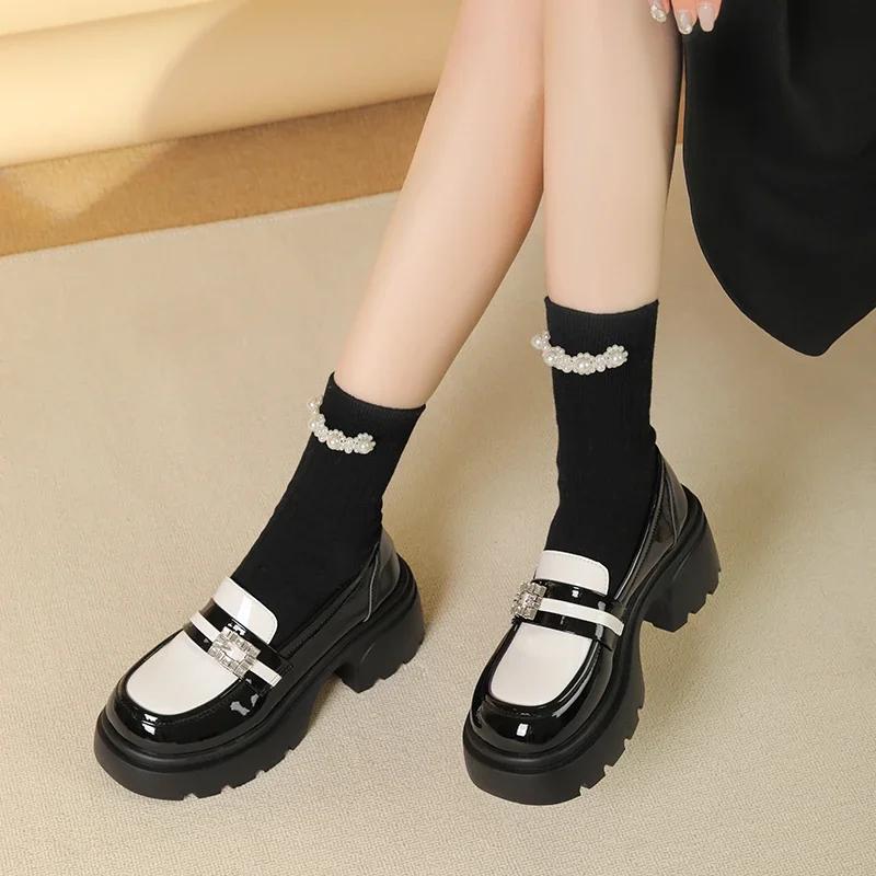 

Женская обувь из натуральной кожи, туфли Оксфорды с хрустальной пряжкой, модные туфли на платформе с квадратным каблуком и цветочным декором, Zapatos De Mujer 34 бежевый