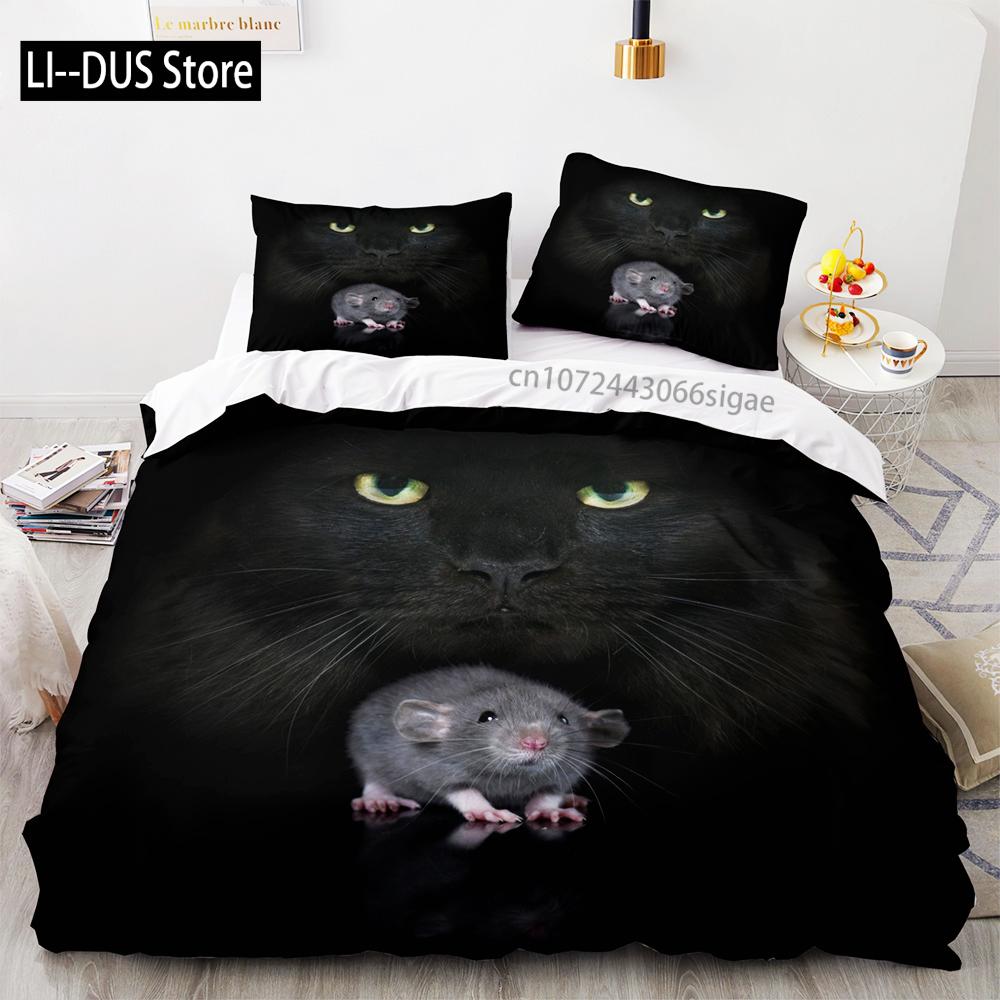 Svart katt Sängkläder Set Enkel Tvilling Full Queen King Size Söt katt Sängset Vuxen Barn Sovrum Påslakan Set 3D-tryck Husdjur 048