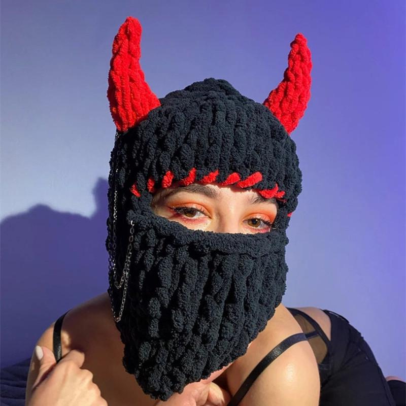 New Hand-Knitted Velvet Rabbit Ear Hat with Devil Horns - Warm, Thick, Sweet, and Stylish Spicy Girl Face Mask