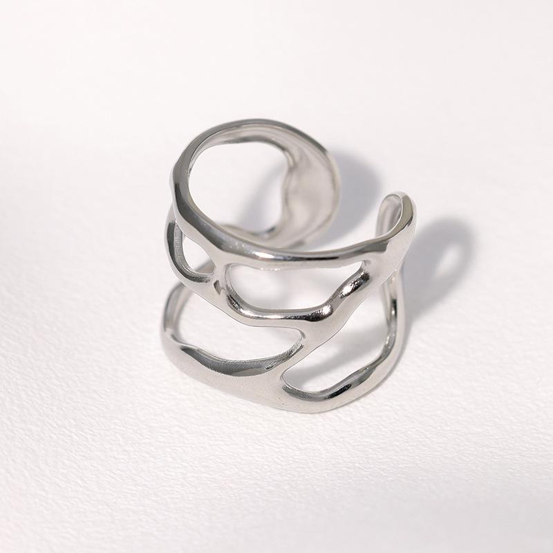 LATS Stainless Steel Lava Irregular Hollow Ring for Women Metal Texture Waterproof Daily Simple Stylish Golden Rings Jewelry