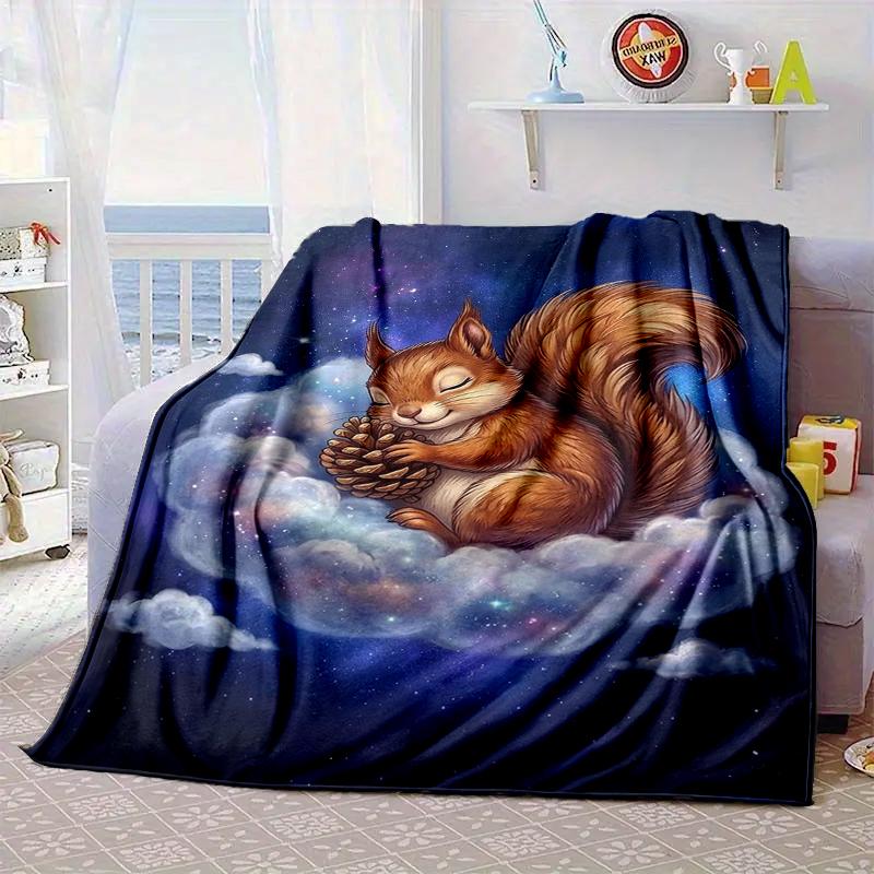 Squirrel Dreams Under Moonlight Blanket Flannel Blanket for Bed, Sofa, Camping, Hiking, Picnic Essentials, Gift for Family Fan Gifts
