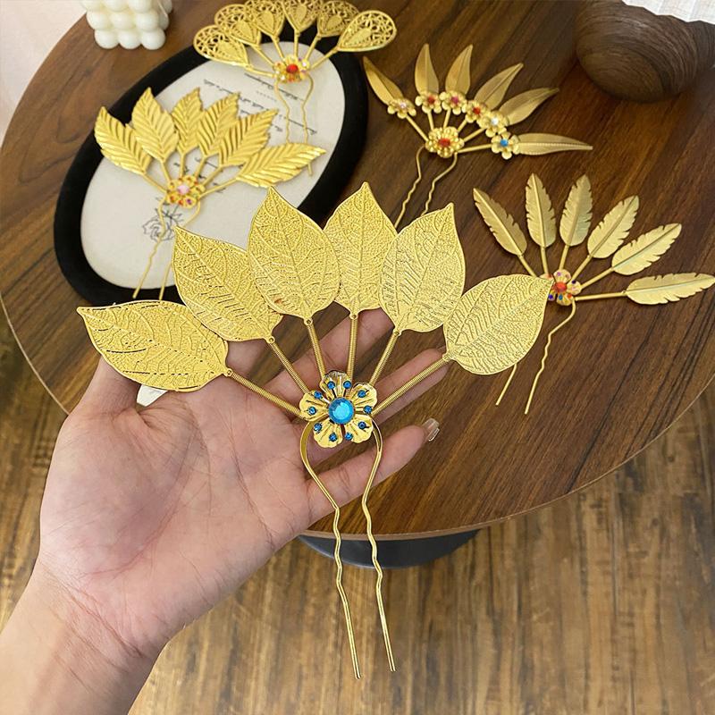 1PC Headwear Headdress Vintage Flower Rhinestone Hair Accessories Hairpin Ethnic Thai Hair Sticks Metal Leaves U-shaped