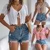 Damen Weiß Häkelstrick Bindevorderseite Kurze Ärmel Crop Top