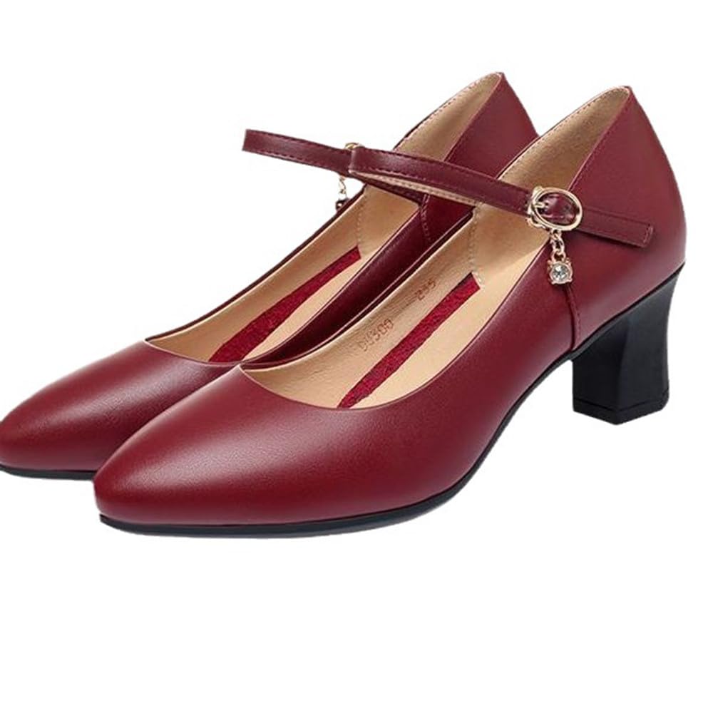 [Gengzee] Damen-Abendschuhe, Blockabsatz, Knöchelriemen, Keilabsatz, Für den Weg zur Arbeit, Büroschuhe, Für die Jobsuche, Beinverlängernder Absatz, Rot, 23,0 cm
