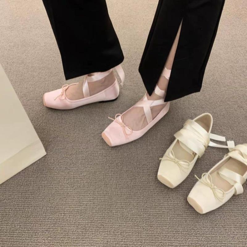 Women Flats Bow Marie Janes Shoes Elegant Wedding Shoes Lolita Dress Square Toe Shoes Designer Walking Shoes Female Zapatos