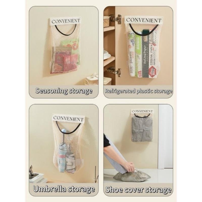 1-5pcs Kitchen Waste Bag Storage Magic Stick Net Pocket Wall Mounted Large Capacity Plastic Bag Organizer Polyester Fiber Bag
