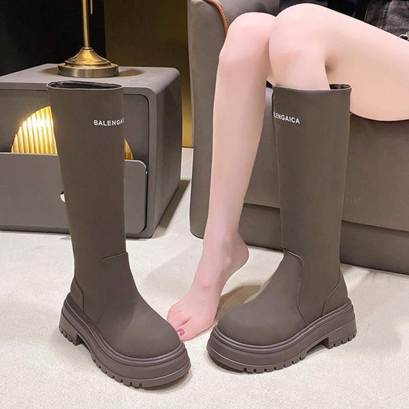 Mote høst knelhøye støvler for kvinner Ekte skinn Tykksålede Høyere Skorsteinsskaft Utendørs Trendy Damestøvler 35-40