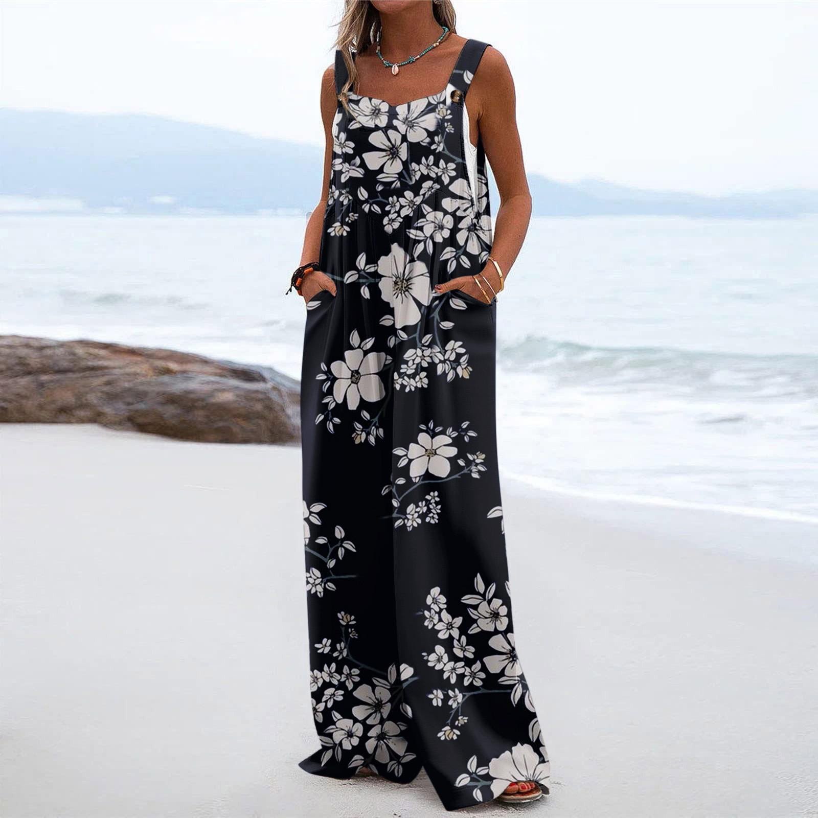 

Женские комбинезоны, повседневные комбинезоны с широкими штанинами и принтом, комбинезоны без рукавов с карманами, наряды L тёмно-синий